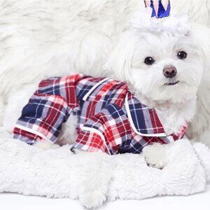 FabDog Plaid Flannel Pjs Pajamas Dog Puppy Red 16" Long Navy Blue Collar NEW